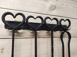 Hand Forged Fireplace Tool Set: Poker, Tongs, Shovel, Broom & Rack