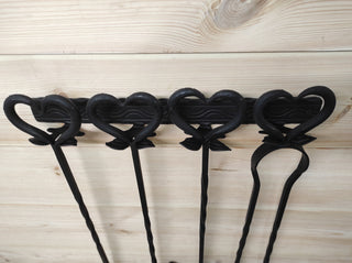 Hand Forged Fireplace Tool Set: Poker, Tongs, Shovel, Broom & Rack