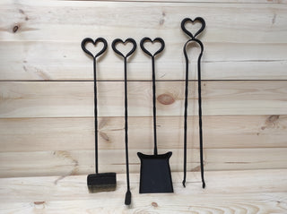 Hand Forged Fireplace Tool Set: Poker, Tongs, Shovel, Broom & Rack