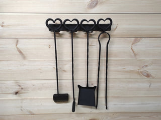 Hand Forged Fireplace Tool Set: Poker, Tongs, Shovel, Broom & Rack