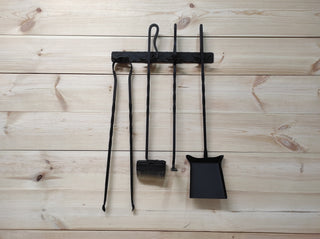 Hand Forged Fireplace Tools Set: Poker, Tongs, Shovel, Broom & Wall Rack
