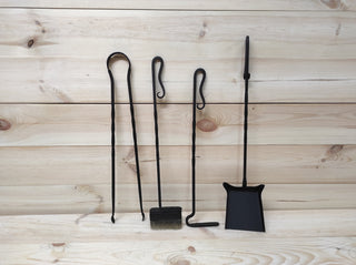 Hand Forged Fireplace Tools Set: Poker, Tongs, Shovel, Broom & Wall Rack