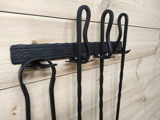 Hand Forged Fireplace Tools Set: Poker, Tongs, Shovel, Broom & Wall Rack