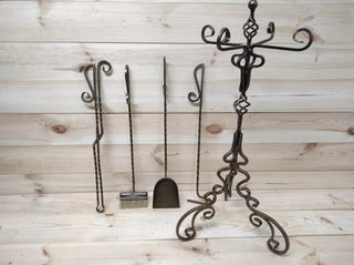 Forged fireplace tools set, fireplace poker, fireplace tongs, shovel, broom, floor stand, hand forged, fireplace gift