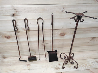 Forged fireplace tools set, fireplace poker, fireplace tongs, shovel, broom, floor stand, hand forged, fireplace gift