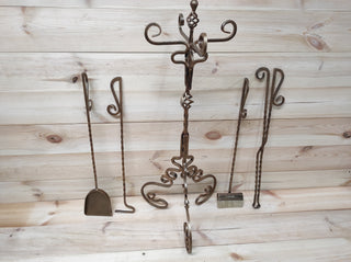 Forged fireplace tools set, fireplace poker, fireplace tongs, shovel, broom, floor stand, hand forged, fireplace gift