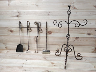 Forged fireplace tools set, fireplace poker, fireplace tongs, shovel, broom, floor stand, hand forged, fireplace gift