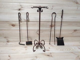 Forged fireplace tools set, fireplace poker, fireplace tongs, shovel, broom, floor stand, hand forged, fireplace gift