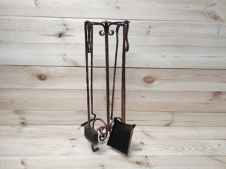 Forged fireplace tools set, fireplace poker, fireplace tongs, shovel, broom, floor stand, hand forged, fireplace gift