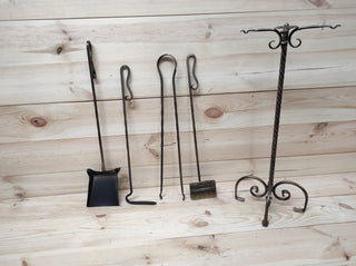 Forged fireplace tools set, fireplace poker, fireplace tongs, shovel, broom, floor stand, hand forged, fireplace gift