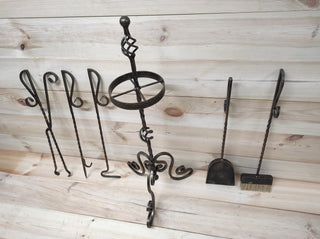 Forged fireplace tools set, fireplace poker, fireplace tongs, shovel, broom, floor stand, hand forged, fireplace gift