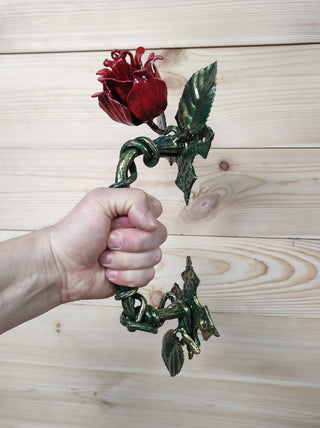 Hand Forged Rose Door Handle: Metal Flower Handle (13.77")