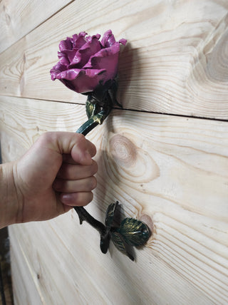 Hand Forged Pink Rose Door Handle: Metal Flower Pull