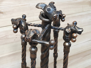 Hand Forged Fireplace Tool Set: Dog Decor, 4 Piece with Stand
