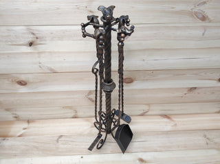 Forged fireplace tools set, Dogs, fireplace poker, fireplace tongs, shovel, broom, floor stand, hand forged, fireplace gift