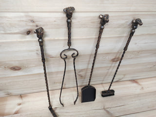 Forged fireplace tools set, Dogs, fireplace poker, fireplace tongs, shovel, broom, floor stand, hand forged, fireplace gift