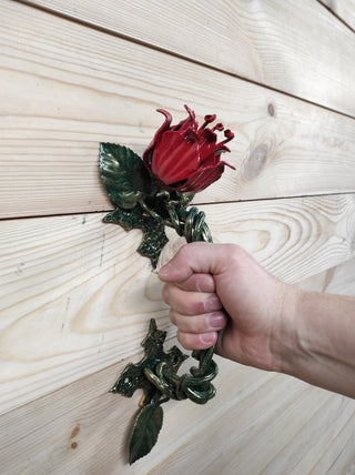 Hand Forged Rose Door Handle: Metal Flower Handle (13.77")