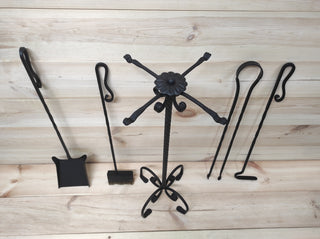 Forged fireplace tools set, fireplace poker, fireplace tongs, shovel, broom, floor stand, hand forged, fireplace gift