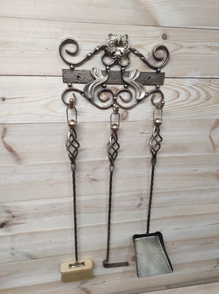 Hand Forged Fireplace Tool Set: Poker, Shovel, Broom & Wall Stand