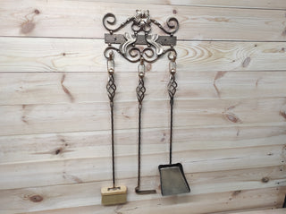 A set of forged fireplace tools 3 pieces and wall stand, Fireplace poker, Shovel, Broom, Hand Forged, Fireplace Gift