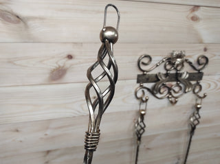 Hand Forged Fireplace Tool Set: Poker, Shovel, Broom & Wall Stand