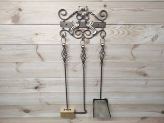 Hand Forged Fireplace Tool Set: Poker, Shovel, Broom & Wall Stand