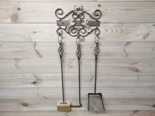 A set of forged fireplace tools 3 pieces and wall stand, Fireplace poker, Shovel, Broom, Hand Forged, Fireplace Gift