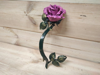 Hand Forged Pink Rose Door Handle: Metal Flower Pull