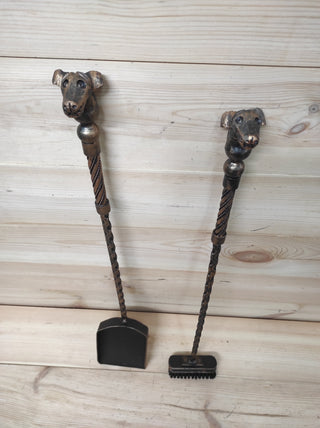 Forged fireplace tools set, 2 Pieces, Fireplace broom, Fireplace shovel, The Dogs