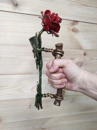 Hand Forged Rose Door Handle: Metal Flower Handle (13.38")