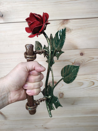Hand Forged Rose Door Handle: Metal Flower Handle (13.38")