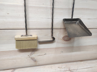 Hand Forged Fireplace Tool Set: Poker, Shovel, Broom & Wall Stand