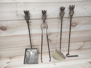 Hand Forged Fireplace Tools Set: Iron Poker, Tongs, Shovel & Broom