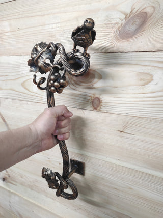 Hand Forged Wrought Iron Door Handle: Bird on Branch