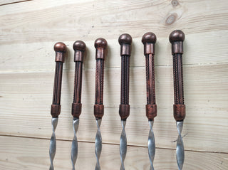 Hand Forged Kebab Skewers - Iron Grill Utensils, Camping Cookware - Set of 6