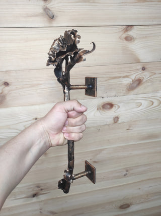 Hand Forged Wrought Iron Door Handle: Poppy Flower Barn Door Pull