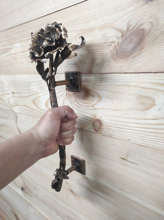 Hand Forged Wrought Iron Door Handle: Poppy Flower Barn Door Pull