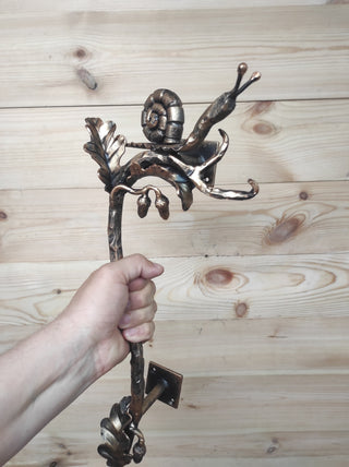 Hand Forged Wrought Iron Door Handle: Snail on Oak Branch