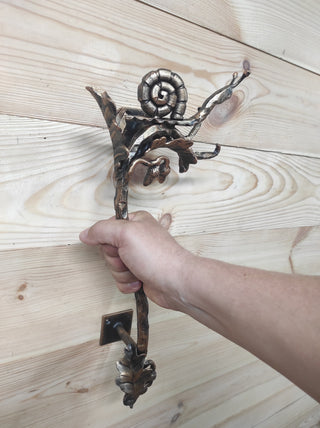 Hand Forged Wrought Iron Door Handle: Snail on Oak Branch