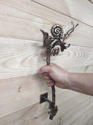 Hand Forged Wrought Iron Door Handle: Snail on Oak Branch