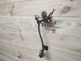 Hand Forged Wrought Iron Door Handle: Snail on Oak Branch