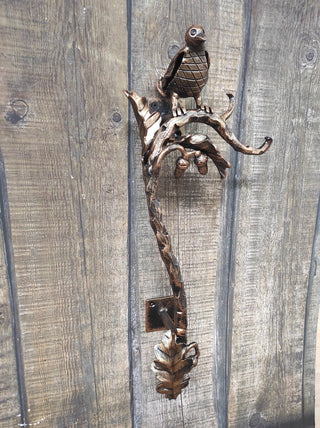 Hand Forged Wrought Iron Door Handle: Bird on oak branch