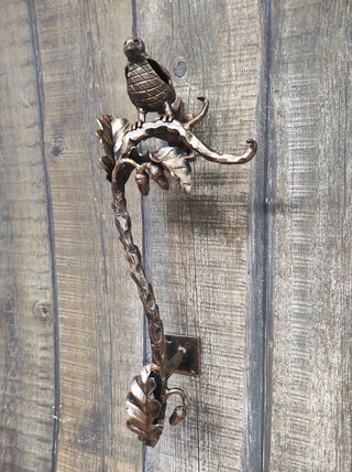 Hand Forged Wrought Iron Door Handle: Bird on oak branch