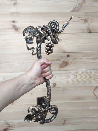Hand Forged Wrought Iron Door Handle: Snail on Grapevine
