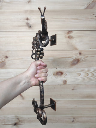Hand Forged Wrought Iron Door Handle: Snail on Grapevine