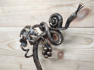Hand Forged Wrought Iron Door Handle: Snail on Grapevine