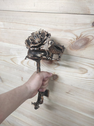 Hand Forged Wrought Iron Door Handle: Bird & Poppy Flower