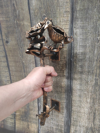 Hand Forged Wrought Iron Door Handle: Bird & Poppy Flower