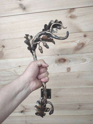 Hand Forged Wrought Iron Door Handle: Oak Branch Design