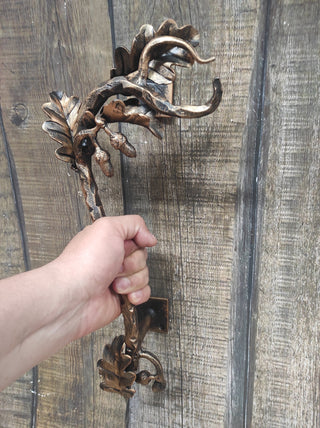 Hand Forged Wrought Iron Door Handle: Oak Branch Design